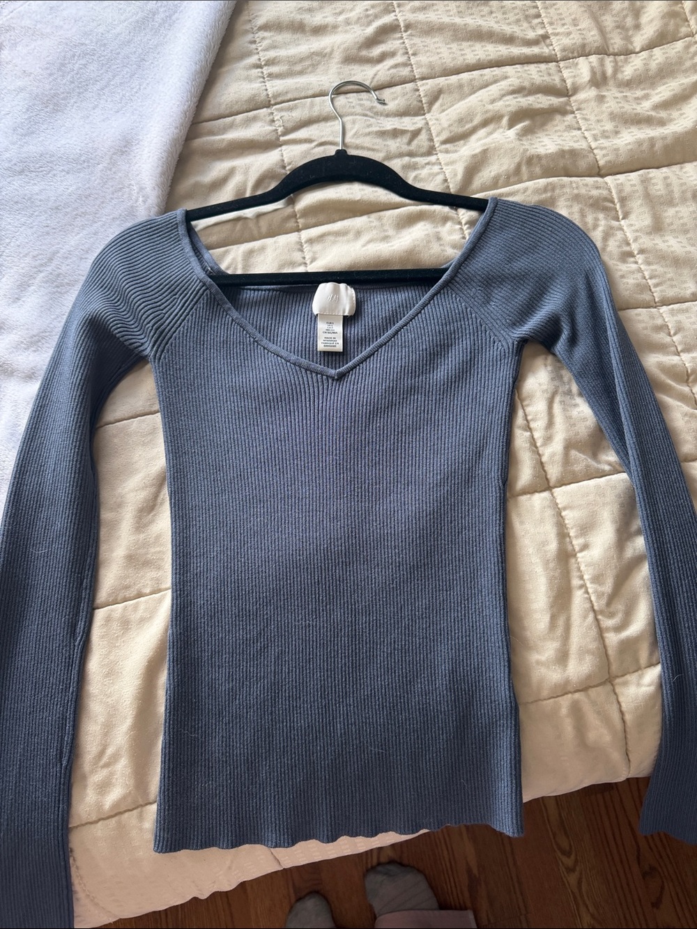 H&M Ribbed V-Neck Sweater - Dusty Blue